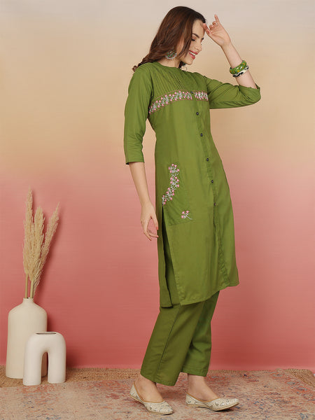 ANAISA Women Cotton, Yoke & Pocket Embroidery Kurta with Trouser