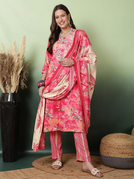 Women Red Printed Yoke Embroidery Kurta with Trouser & Dupatta