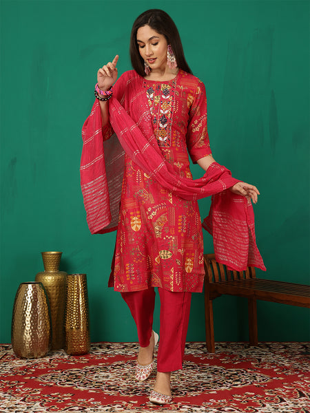 Women Red Yoke Embroidery Kurta with Trouser & Dupatta