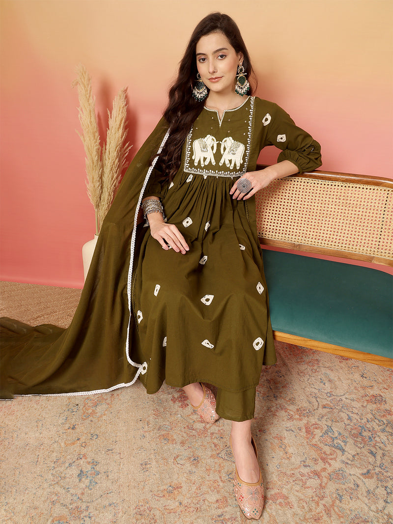 Women Cotton Olive Green Embroidery Anarkali Kurta with Trouser & Dupatta