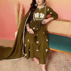 Women Cotton Olive Green Embroidery Anarkali Kurta with Trouser & Dupatta