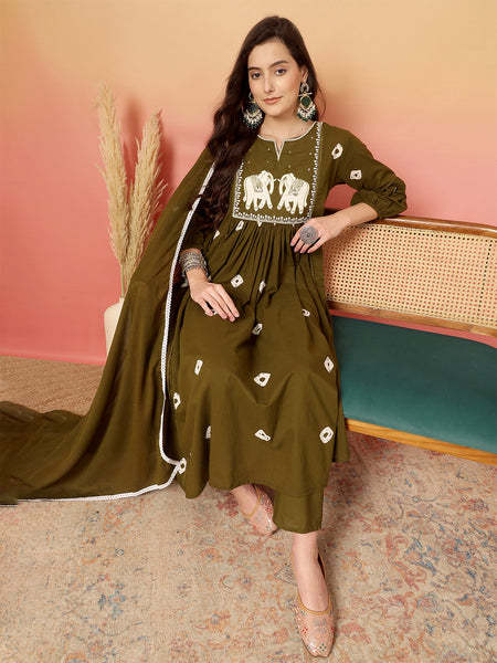 Women Cotton Olive Green Embroidery Anarkali Kurta with Trouser & Dupatta