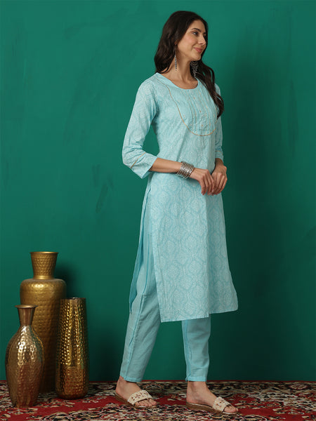 Women Turquoise Blue Cotton Printed Straight Kurta with Trouser