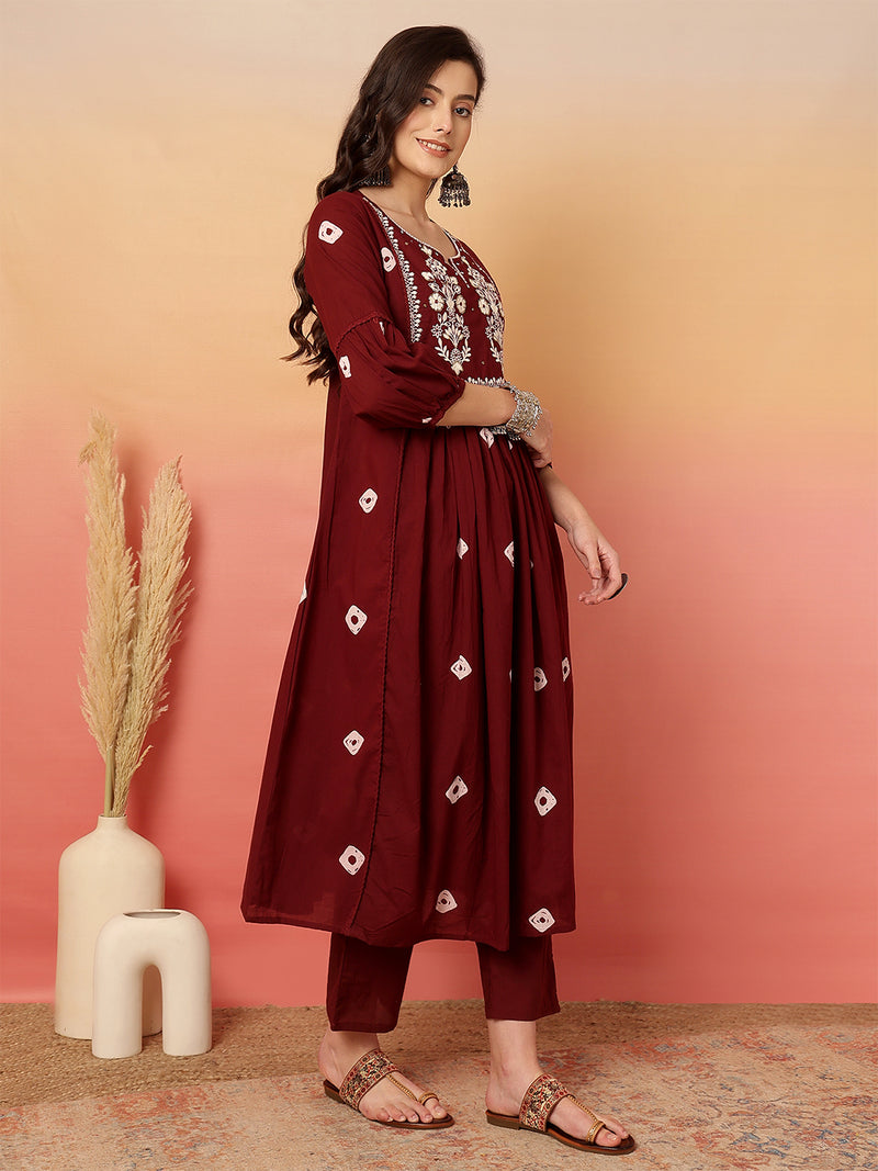Women Cotton Maroon Embroidery Anarkali Kurta with Trouser & Dupatta