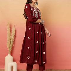 Women Cotton Maroon Embroidery Anarkali Kurta with Trouser & Dupatta