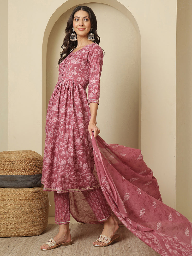 Women Cotton Printed Nayra Cut, Round Neck Kurta with Trouser & Dupatta