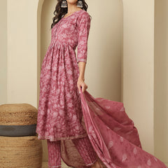 Women Cotton Printed Nayra Cut, Round Neck Kurta with Trouser & Dupatta