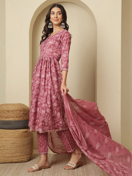 Women Cotton Printed Nayra Cut, Round Neck Kurta with Trouser & Dupatta