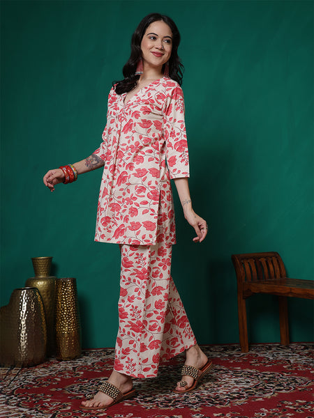 Women Pink Cotton Flex Printed Top with Trouser Co-ord Set