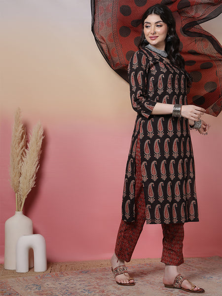 Women Black Block Printed Kurta with Trouser & Dupatta