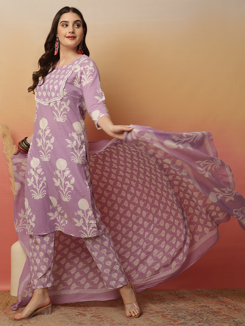 Women Lavender Cotton Printed Round Neck Straight Kurta with Trouser & Dupatta
