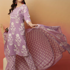 Women Lavender Cotton Printed Round Neck Straight Kurta with Trouser & Dupatta