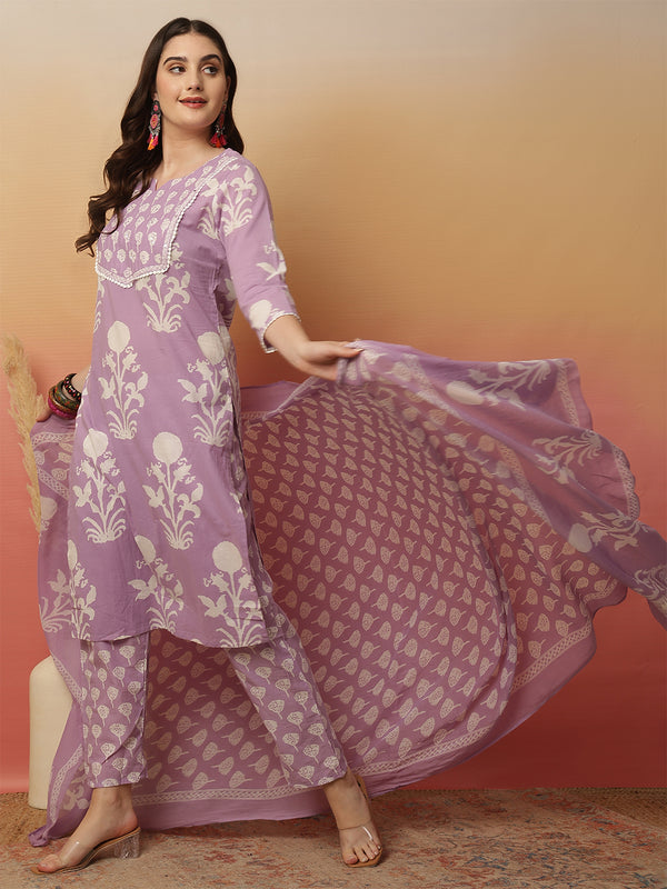 Women Lavender Cotton Printed Round Neck Straight Kurta with Trouser & Dupatta