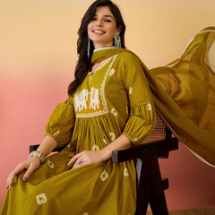 Women Mustard Pure Cotton Embroidery Yoke Anarkali Kurta with Trouser & Dupatta