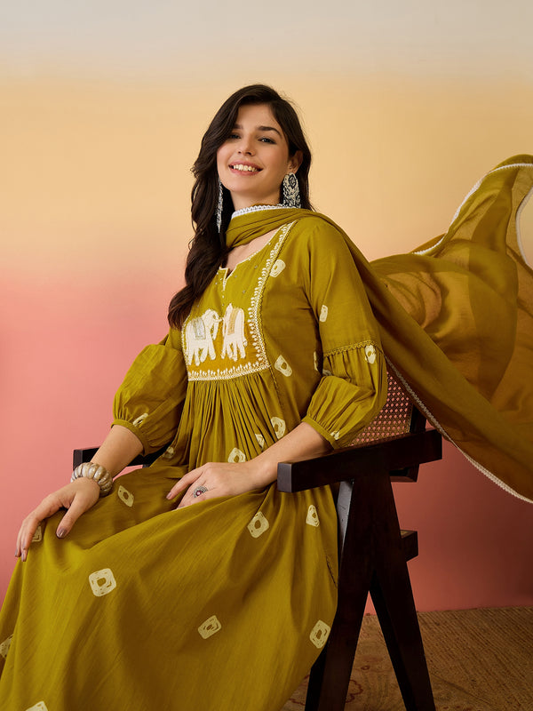 Women Mustard Pure Cotton Embroidery Yoke Anarkali Kurta with Trouser & Dupatta