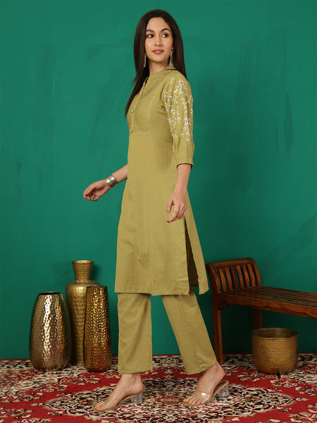 Women Olive Green Solid Embroidery Cotton Flex Kurta with Trouser