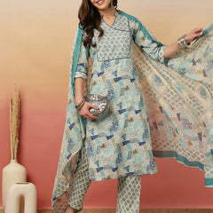 Women Blue Digital Printed V-neck Kurta with Trouser & Dupatta
