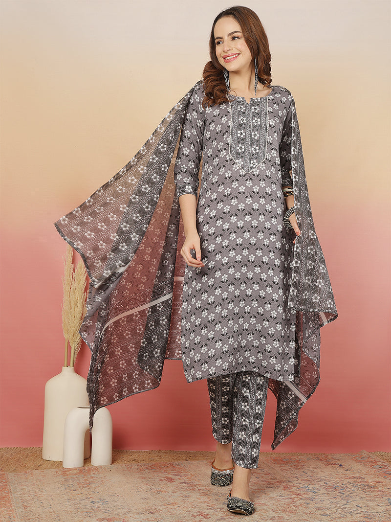 ANAISA Women Viscose Rayon Round Neck, Calf Length, Printed Kurta with Trouser & Dupatta