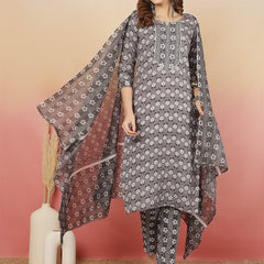 ANAISA Women Viscose Rayon Round Neck, Calf Length, Printed Kurta with Trouser & Dupatta