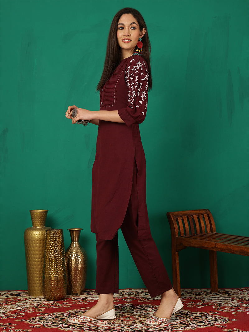 Women Maroon Silk Kurta with Trouser & Dupatta