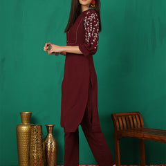 Women Maroon Silk Kurta with Trouser & Dupatta