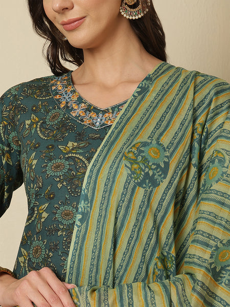 Cotton Green Printed V-neck Kurta with Trouser & Dupatta