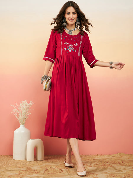 Women Red Yoke Deisgn A_Line Dress