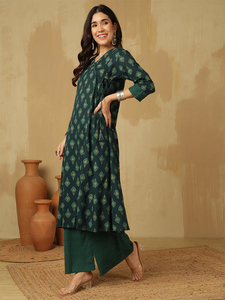 Women Green Block Printed A-line Kurta With Trouser & Dupatta