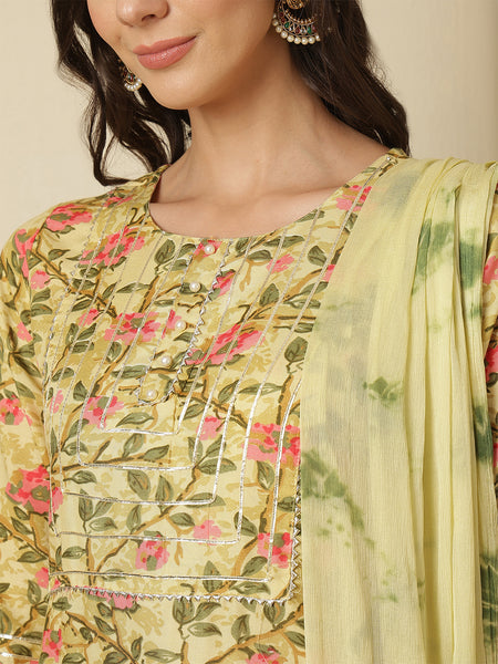 Viscose Rayon Yellow Printed, Round Neck Kurta with Trouser & Dupatta
