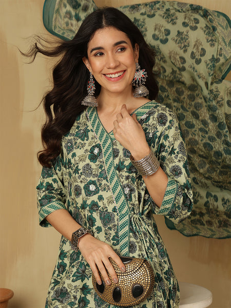 Women Green Printed Anarkali Kurta With Pant & Dupatta