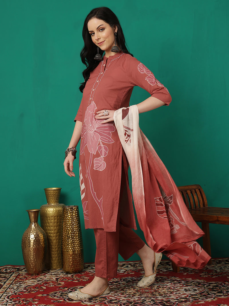 ANAISA Women Cotton Placement Print Straight Kurta with Trouser & Dupatta