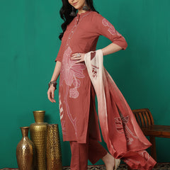 ANAISA Women Cotton Placement Print Straight Kurta with Trouser & Dupatta