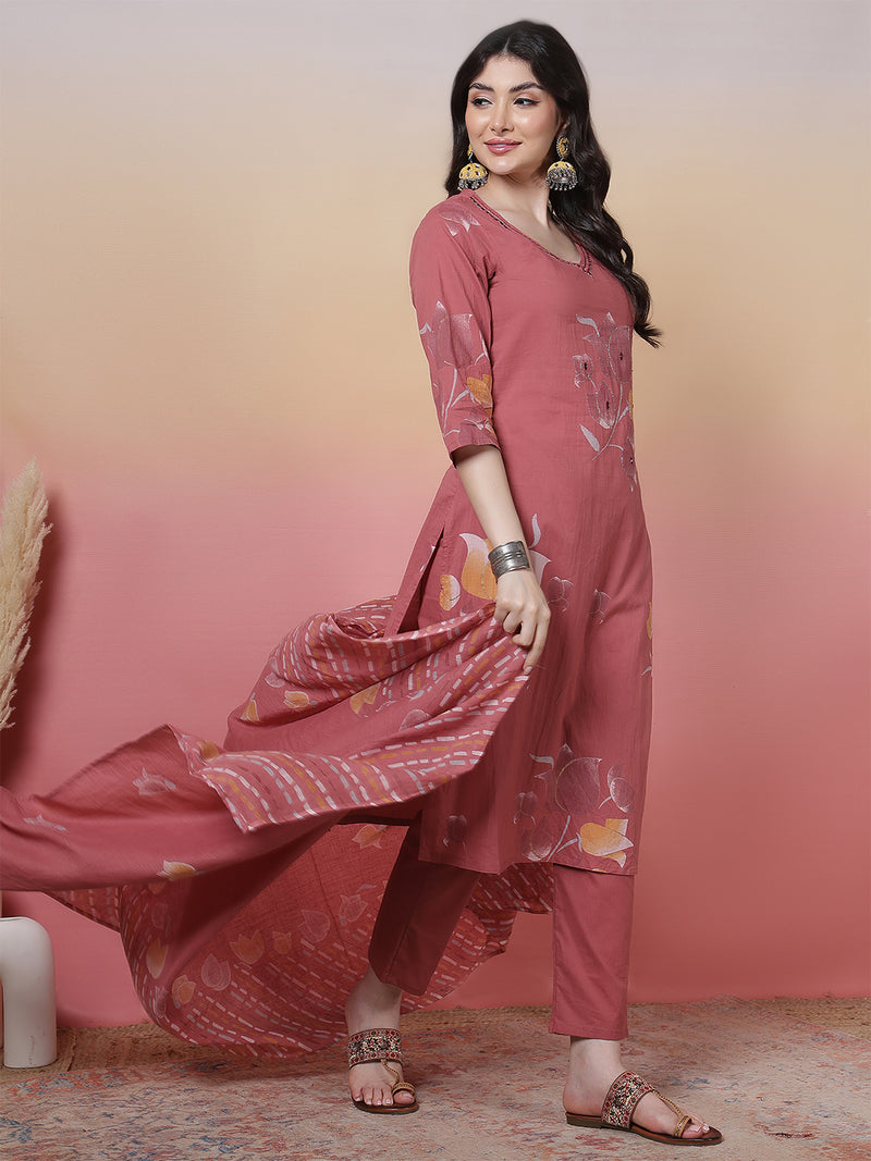 Women Coral Cotton Placement Printed Hand Work Kurta with Trouser & Dupatta