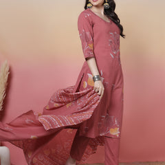 Women Coral Cotton Placement Printed Hand Work Kurta with Trouser & Dupatta