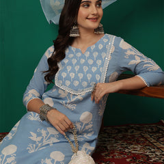 Women Iceblue Cotton Printed Round Neck Straight Kurta with Trouser & Dupatta