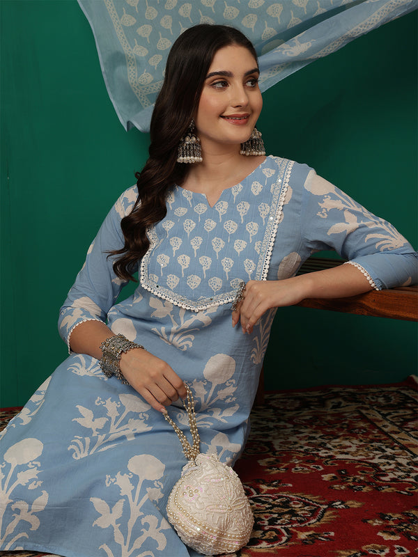 Women Iceblue Cotton Printed Round Neck Straight Kurta with Trouser & Dupatta