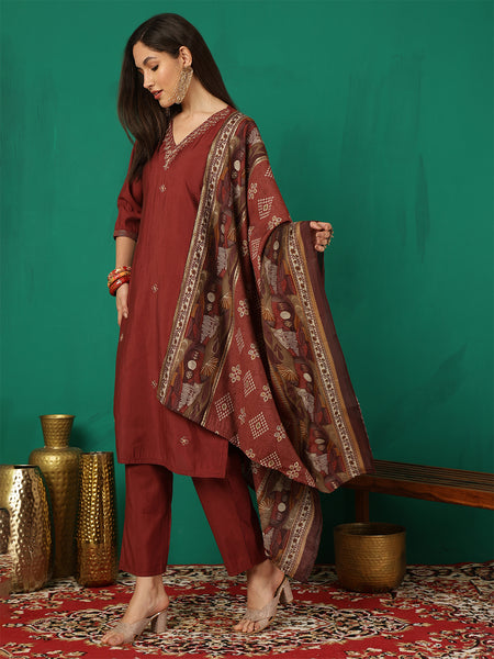 Women Maroon Silk Hand Work Yoke Solid Kurta with Trouser & Dupatta