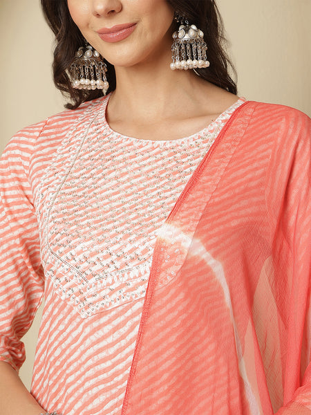 Women Cotton Printed Pink Straight Kurta with Trouser & Dupatta