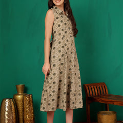 ANAISA Women Brown Printed Cotton Sleeveless, Collar Neck, Calf Length Midi Summer Dress