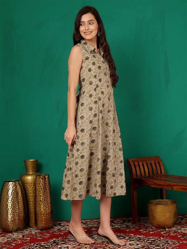 ANAISA Women Brown Printed Cotton Sleeveless, Collar Neck, Calf Length Midi Summer Dress