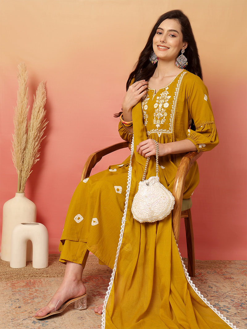 Women Cotton Mustard Embroidery Anarkali Kurta with Trouser & Dupatta