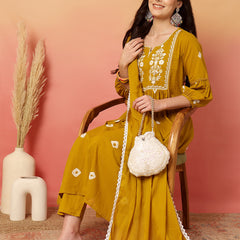 Women Cotton Mustard Embroidery Anarkali Kurta with Trouser & Dupatta