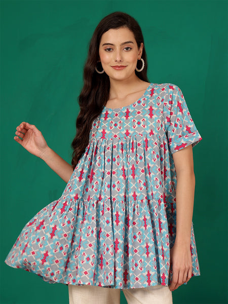 ANAISA Women Cotton Printed Sky blue & Pink Fit and Flare Summer Top