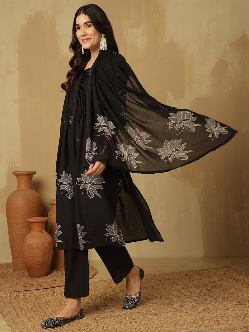 Women Black Cotton Discharge Printed A-Line Kurta With Trouser & Dupatta