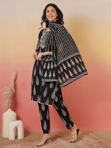 Women Black Regular wear Kurta with Trouser & Dupatta