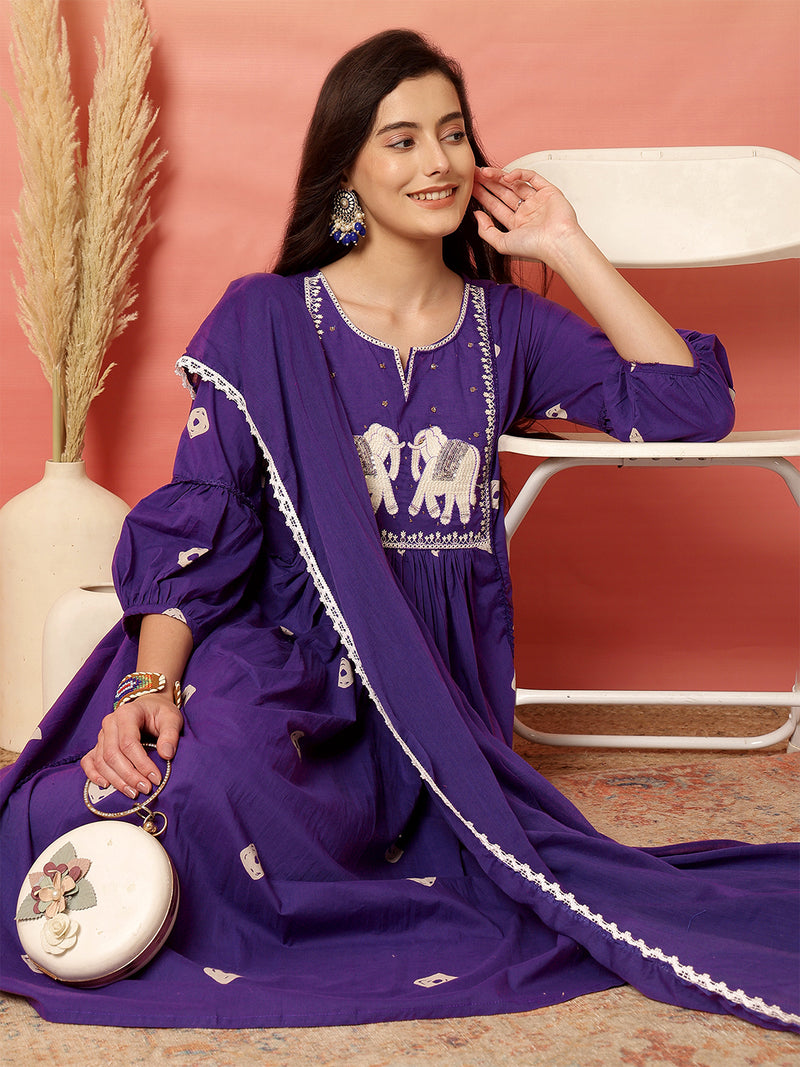 Women Cotton Purple Embroidery Anarkali Kurta with Trouser & Dupatta