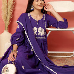 Women Cotton Purple Embroidery Anarkali Kurta with Trouser & Dupatta