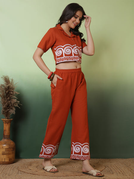 Women Orange Embroidery Crop Top with Trouser Co-ord Set