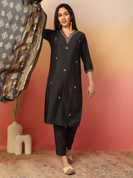 Women Black Silk Hand Work Yoke Solid Kurta with Trouser & Dupatta