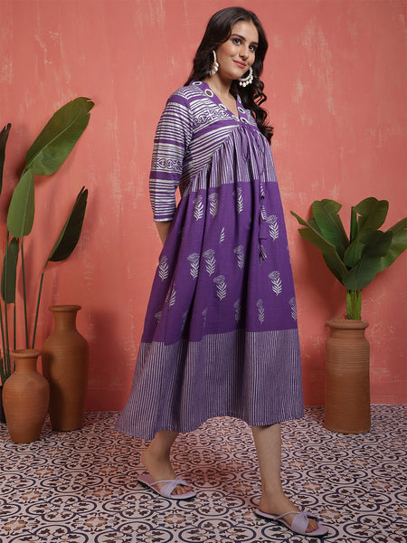 Women Purple Silver Printed, Mirror work, V-neck, Calf Length, A-line Dress